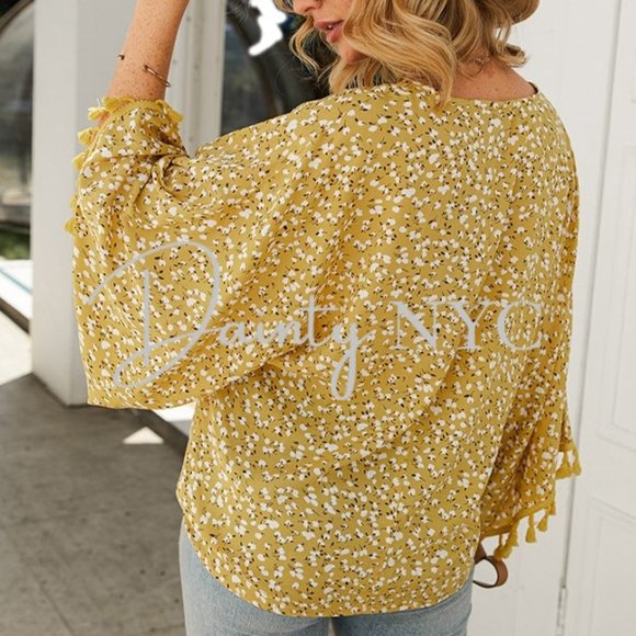 Boho Yellow Confetti Blouse Tassel Fringe Sleeve - Picture 3 of 9